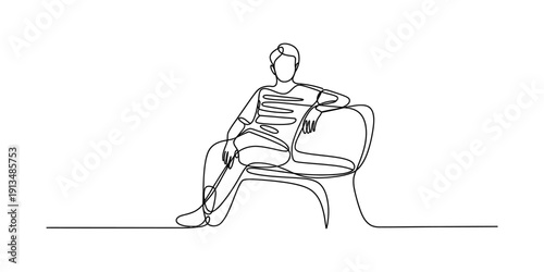Continuous line drawing of a person sitting comfortably on a chair with crossed legs. Vector, illustration