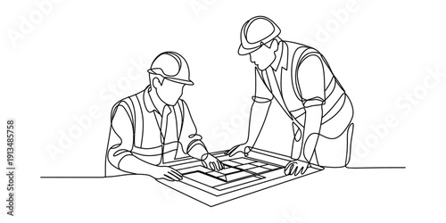 Two construction engineers in safety gear reviewing blueprints in a continuous line drawing style Vector, illustration