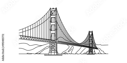 Black and white line drawing of the iconic golden gate bridge in san francisco california Vector, illustration