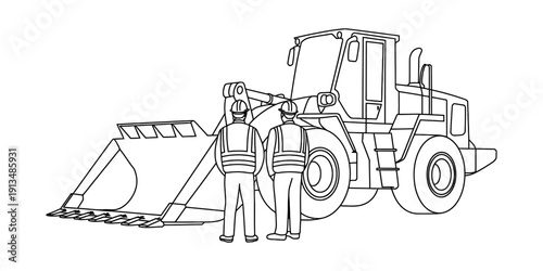 Detailed line drawing of construction workers in safety gear standing by a heavy wheel loader. Vector, illustration