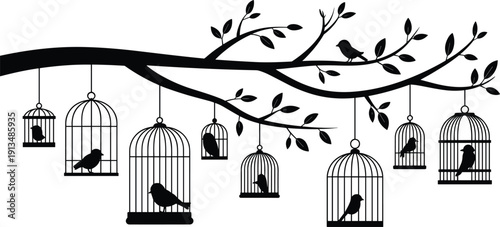 Birds in Decorative Cages Hanging from Tree Branch Silhouette Vector Illustration for Home Wall Decor Interior Design Nature Freedom and Captivity Concept Art