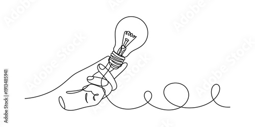 Continuous line drawing of a hand holding a light bulb symbolizing a bright idea or innovation. Vector, illustration