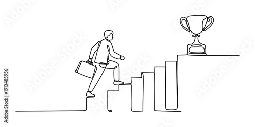 Continuous line drawing of a businessman climbing stairs to reach a winner trophy for success. Vector, illustration