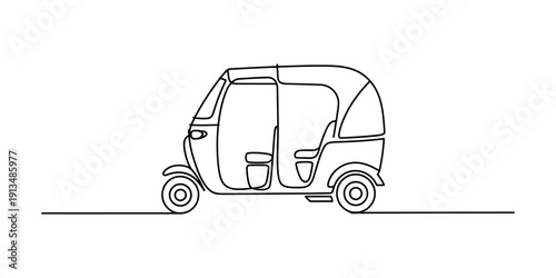 Continuous line drawing of a traditional three-wheeled auto rickshaw on a white background Vector, illustration