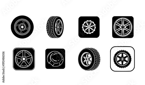 Car wheel badge icon set vector black tire and wheel symbols isolated on transparent background