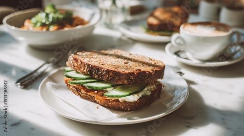 premium seeded sandwich with pasta and cappuccino cafe scene
