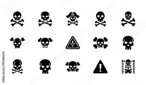 Skull and crossbones glyph icon set vector death pirate hazard symbols isolated on transparent background