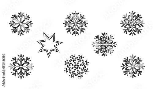 Snowflake outline icon set vector Christmas winter symbols isolated on transparent background