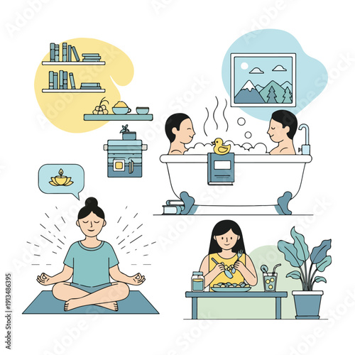 Various scenes of relaxation, including meditation, bath, eating, and reading