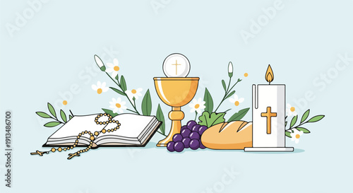Vector illustration depicting religious symbols including a chalice and book