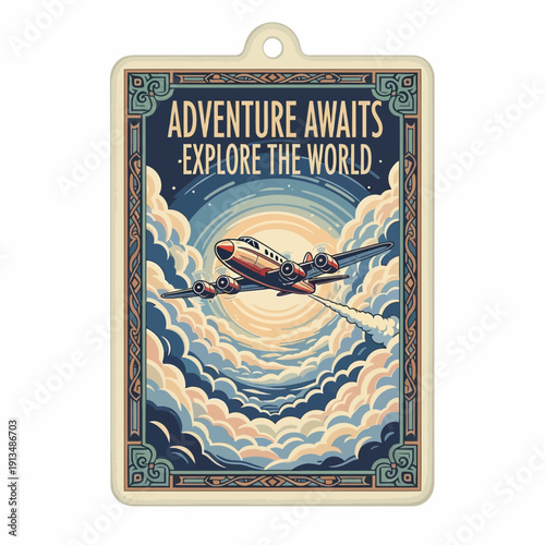 Airplane flying through clouds, adventure awaits, explore the world.