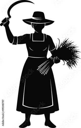 Female farmer silhouette standing and holding a hand sickle and wheat bundle for traditional agriculture organic farming and autumn harvest season concepts.