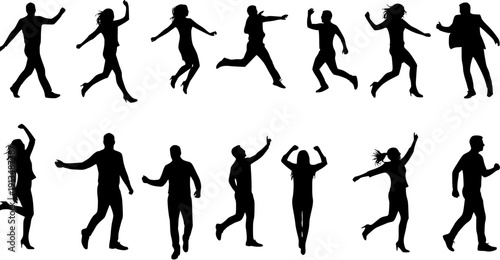 Collection of energetic and happy people silhouettes: men and women jumping, running, dancing, and celebrating success in various dynamic poses on a white background.