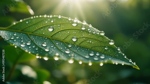 Dew Drops on Fresh Green Leaf in Sunlight