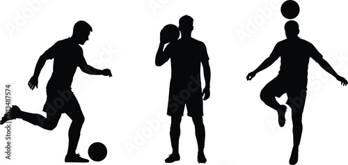 Soccer Player Silhouettes Set in Action Poses Dribbling and Heading Ball for Football Training Match and Athletic Sports Competition Vector Illustration Isolated on White