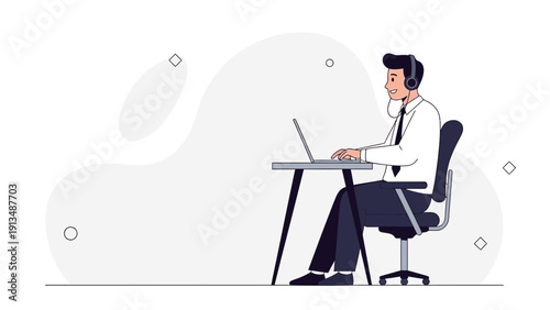 Man with headset working on laptop at desk, customer service, remote work