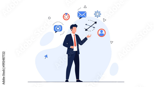 Businessman juggling tasks, icons symbolizing work, time, and communication