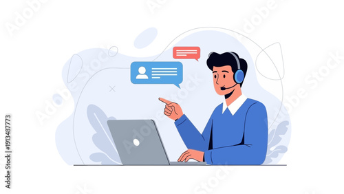 Customer service agent with headset and laptop, communication concept illustration