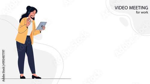 Woman on Video Call for Work, Holding Tablet and Wearing Headphones