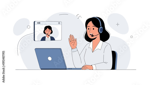 Online meeting with HR professional on laptop, woman waving hello