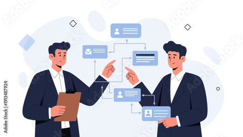 Businessmen analyzing organizational chart and workflow, teamwork concept