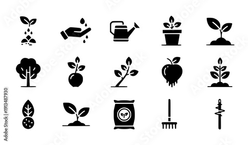 Sprout and plant growth glyph icon set vector horticulture and gardening symbols isolated on transparent background