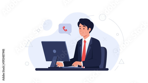 Businessman working on computer with phone call icon, customer support concept