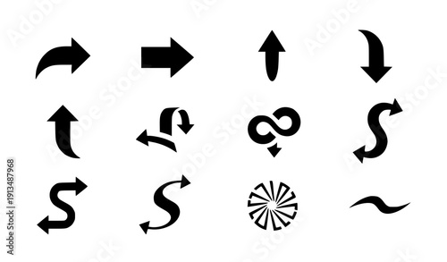 Curved arrow glyph icon set vector long and looped blue arrows isolated on transparent background