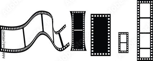 Black and white film strip vector set with curved and straight frames isolated on white background for cinema movie production and photography design.