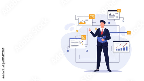 Businessman presenting data analytics and strategy with flowcharts, graphs, and emails
