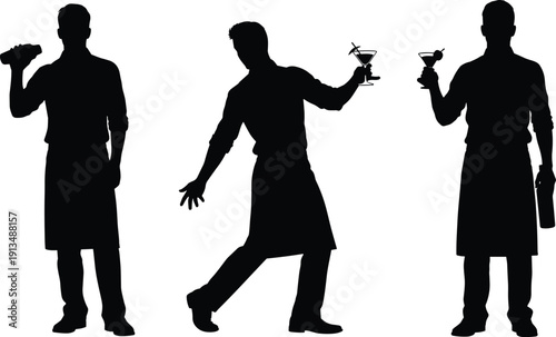 Set of Professional Bartender Silhouettes Making Cocktails and Shaking Drinks Isolated on White Background for Bar Restaurant Hospitality Nightlife and Mixology Design Elements