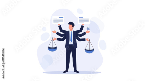 Multitasking businessman juggling tasks and balancing scales, efficiency concept