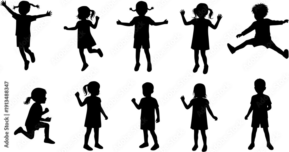 Fototapeta premium Diverse Silhouettes of Children Playing and Jumping: A Collection of Active Kids in Motion