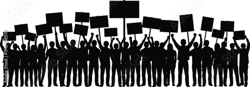 Black silhouette illustration of a large group of protesters holding signs and placards during a public demonstration
