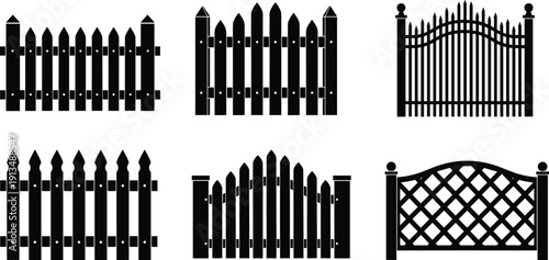 Wooden and wrought iron fence silhouette collection set for garden backyard boundary outdoor security and home landscape design architecture