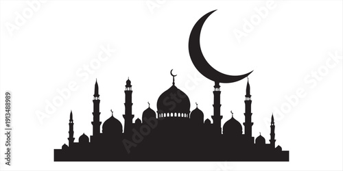 Elegant ramadan islamic symbols and mosque silhouettes on white background crescent moon lanterns and prayer beads
