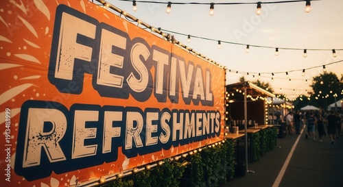 Festival Refreshments Signage Illuminating Evening Crowd During Summer Event