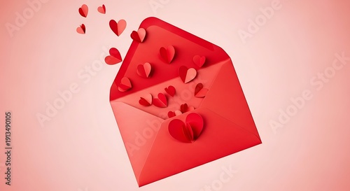 A heart-shaped envelope with red hearts floating out of it, symbolizing love and affection.