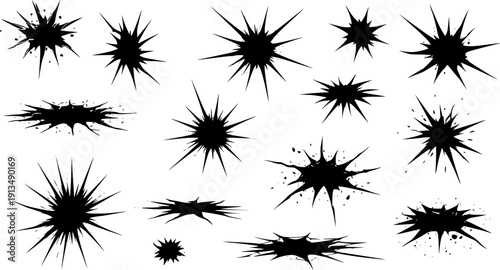 Abstract Vector Shapes: Set of Grunge Explosion, Starburst, and Splash Elements in Black