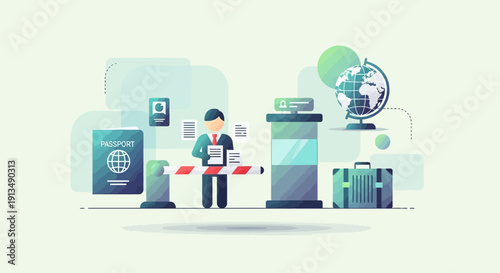 Border Control and Immigration Checkpoint with Globe and Luggage Illustration