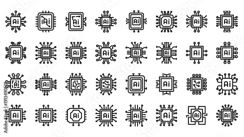 Artificial Intelligence Chip Icons Collection.