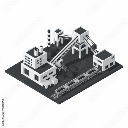 Industrial Facility Model with Buildings and Conveyors.