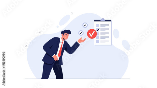 Businessman checking tasks on checklist with checkmarks and red tick