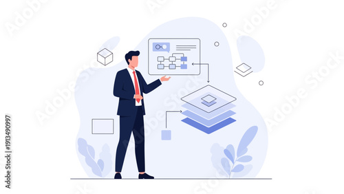 Businessman presents project management flowchart and layered data