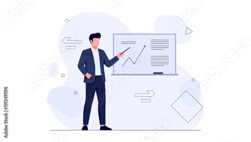 Businessman presenting a growth chart on a whiteboard with abstract shapes