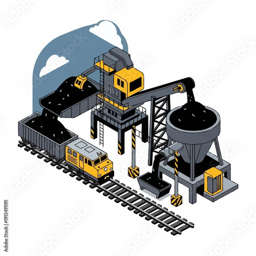 Isometric Coal Mining and Transportation Scene with Train and Loading Facilities.