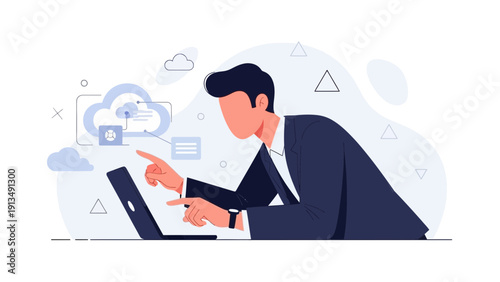 Businessman working on laptop with cloud computing technology, data storage concept
