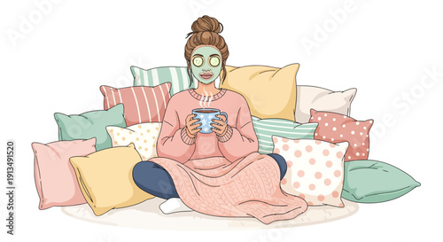 Woman With Face Mask Relaxing Among Pillows at Home