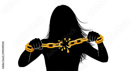 Silhouette of Woman Breaking Golden Chains for Freedom
