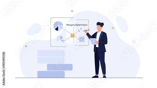 Businesswoman presenting digital project management plan on screen